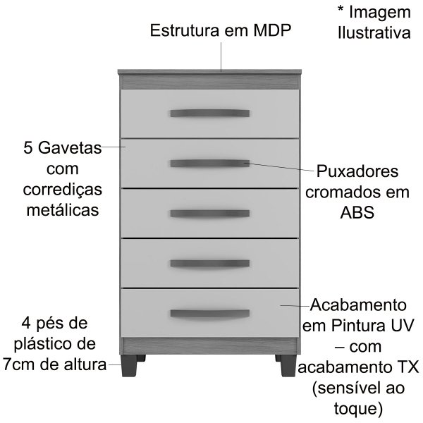 05 comoda para quarto 5 gavetas com pes cannes