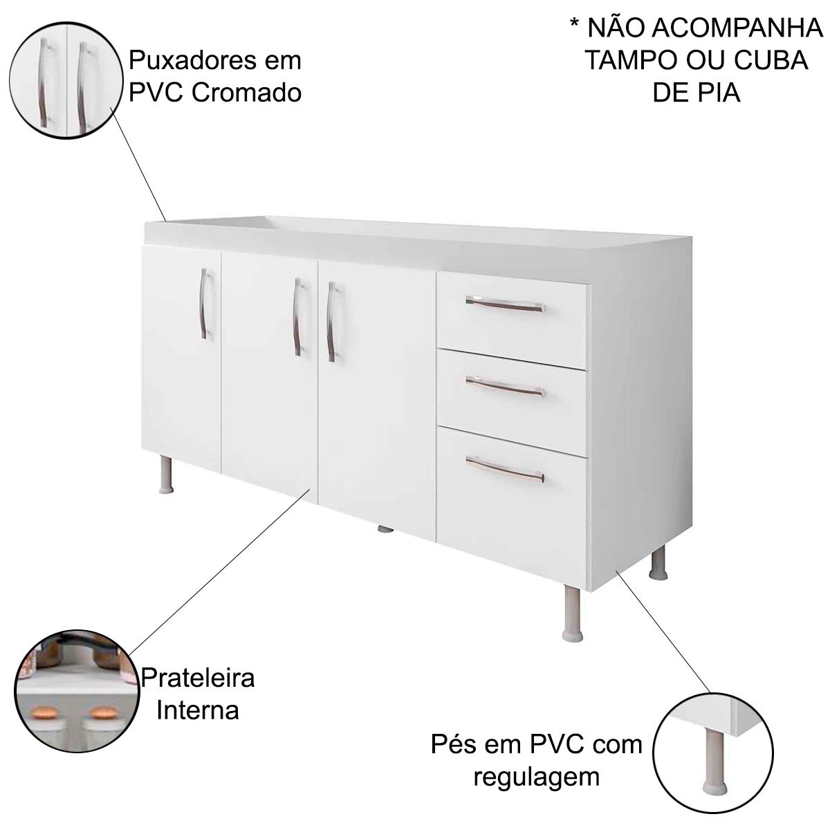 05 balcao de pia nathan 160 cm 3 portas e 3 gavetas branco