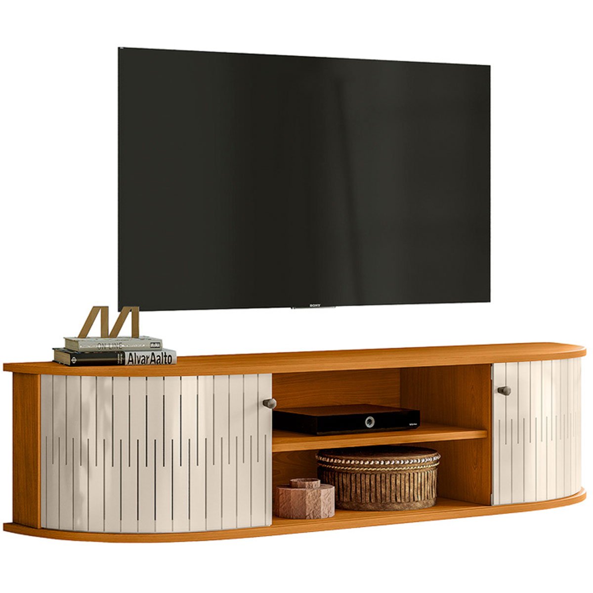 rack suspenso 2 portas moderno para tv de 60 polegadas cinamomo off