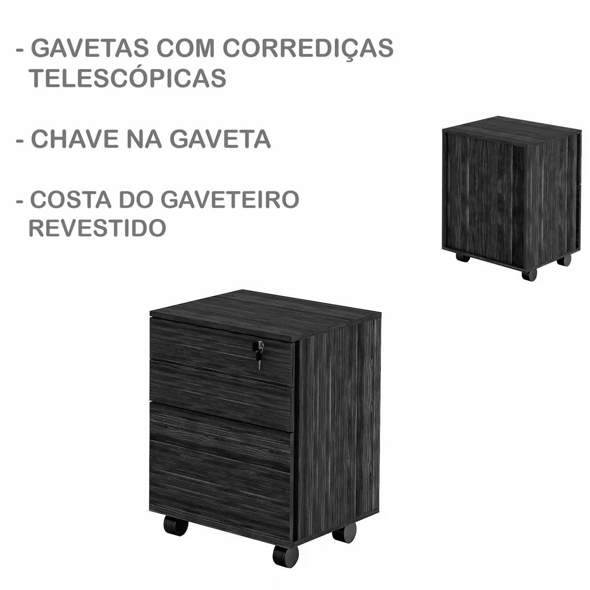 Gaveteiro para Escritório 3 Gavetas com Chave e Rodízios - Amêndoa