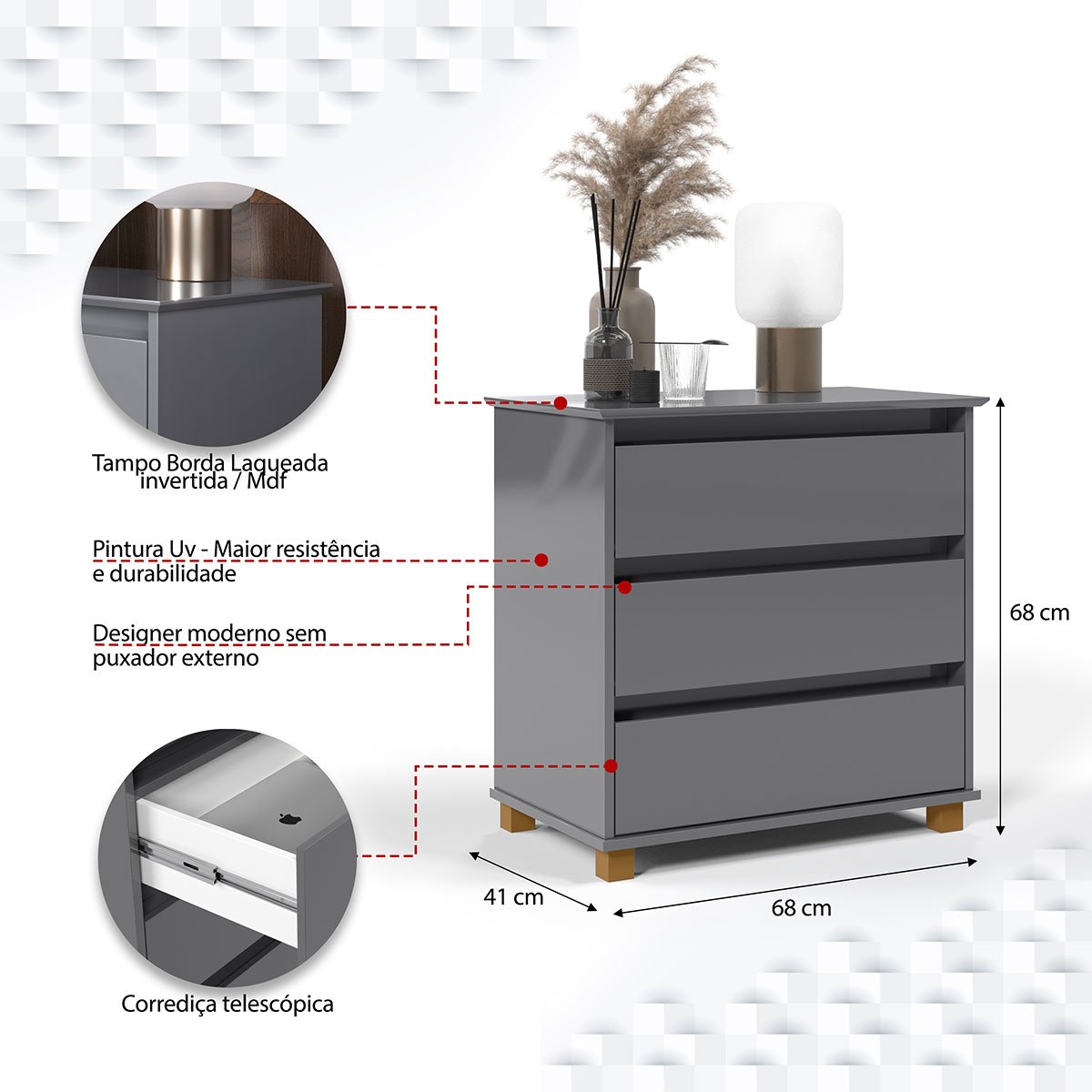 mini comoda cinza detalhes