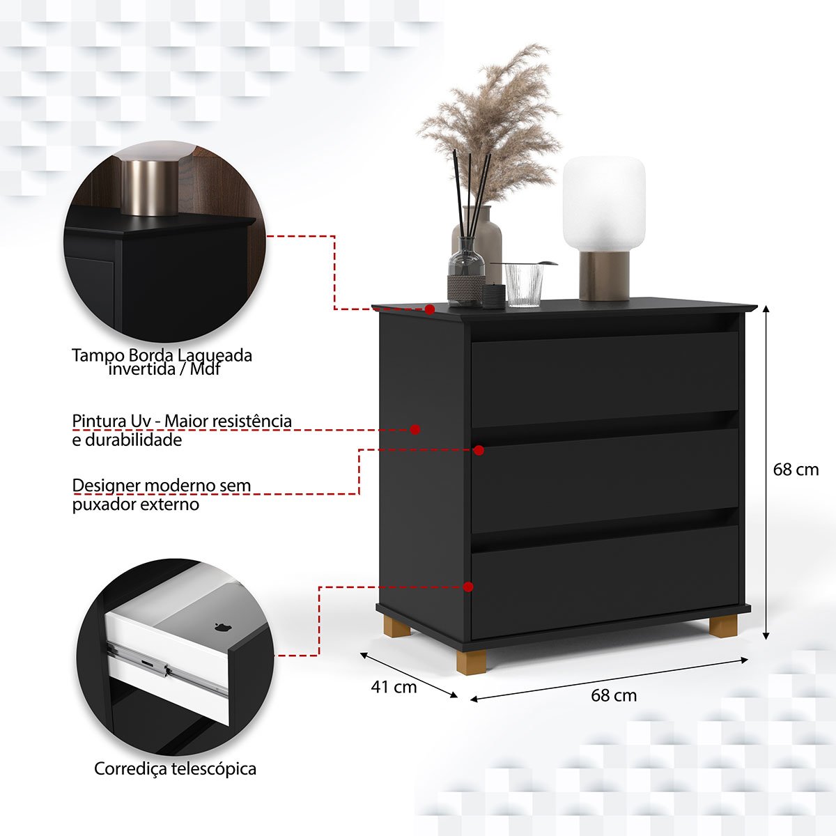 mini comoda preto detalhes