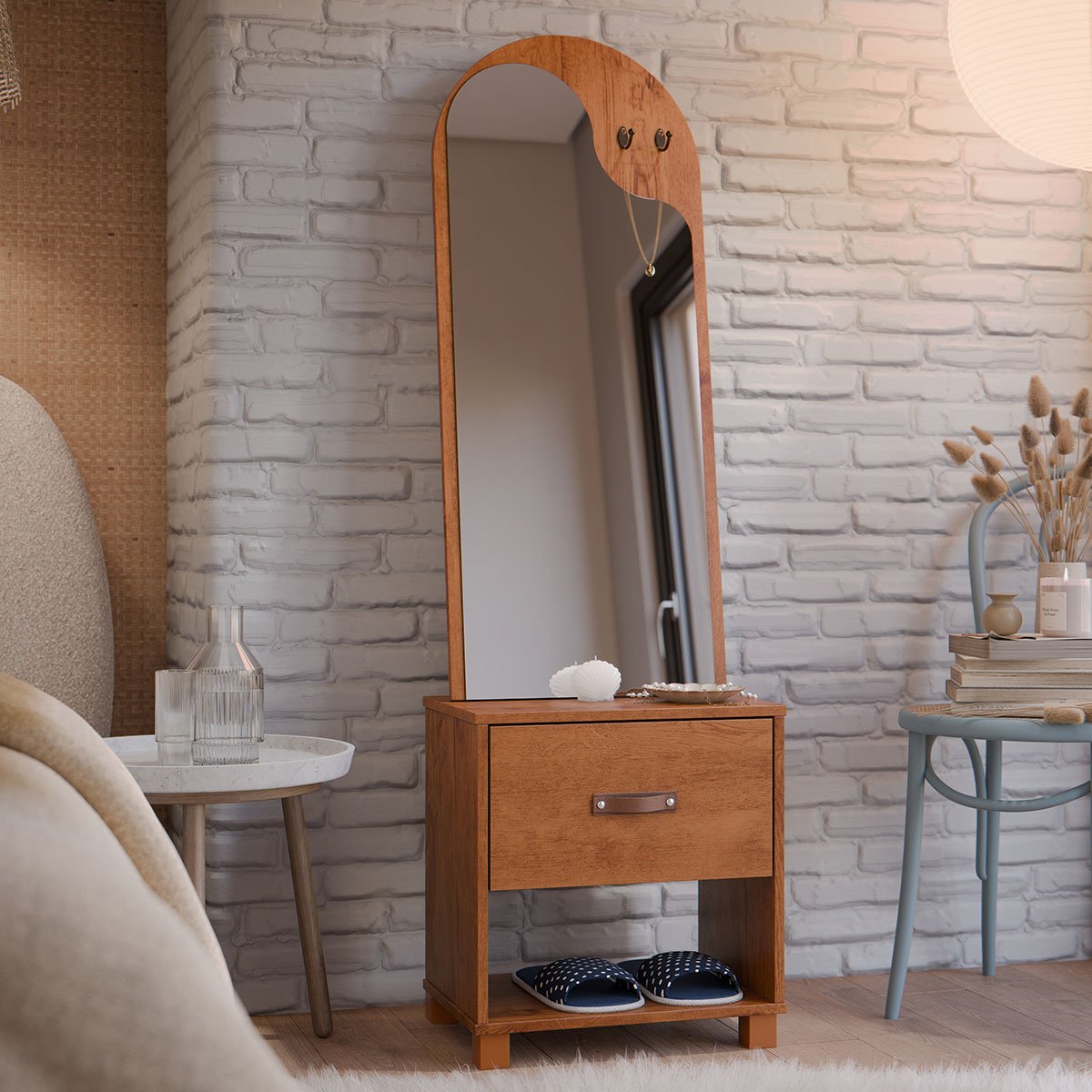 GMHH174○TAKE FURNITURE / 竹ファニチャー Locker Toucador com Espelho 1 Gaveta Nicho e 2 Ganchos Oranix - Freijó