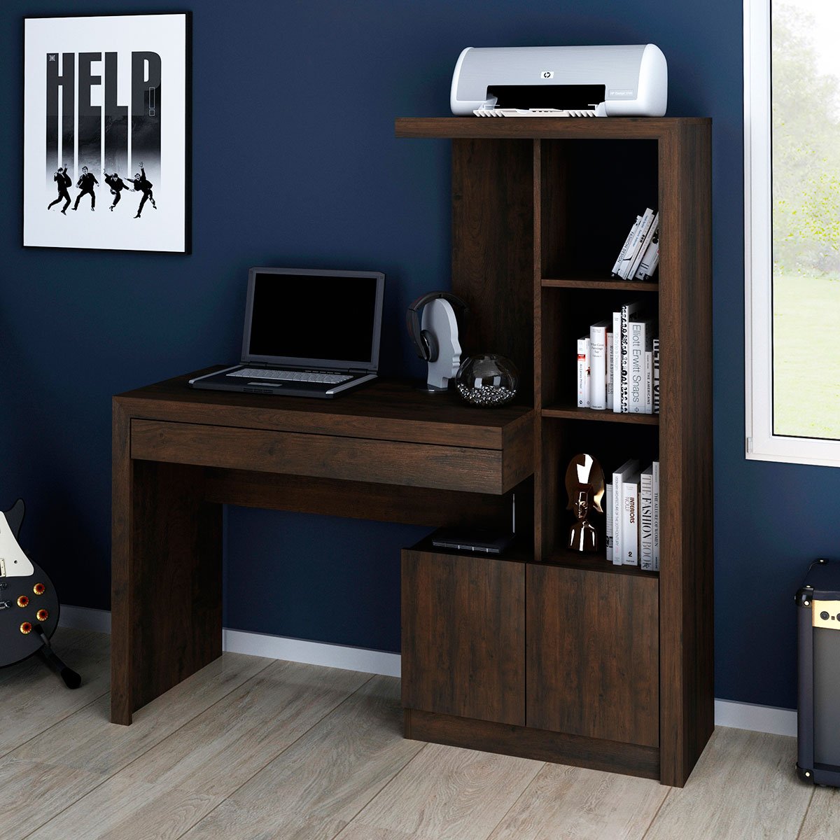 26 escrivaninha estante para escritorio 2 portas 1 gaveta