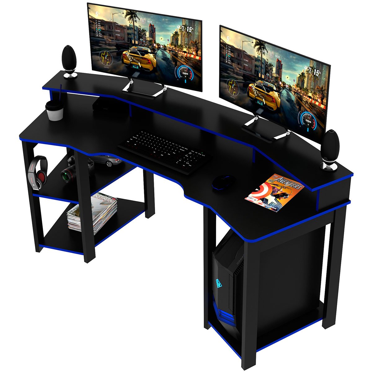 mesa gamer cockpit para 2 monitores me4167 preto azul
