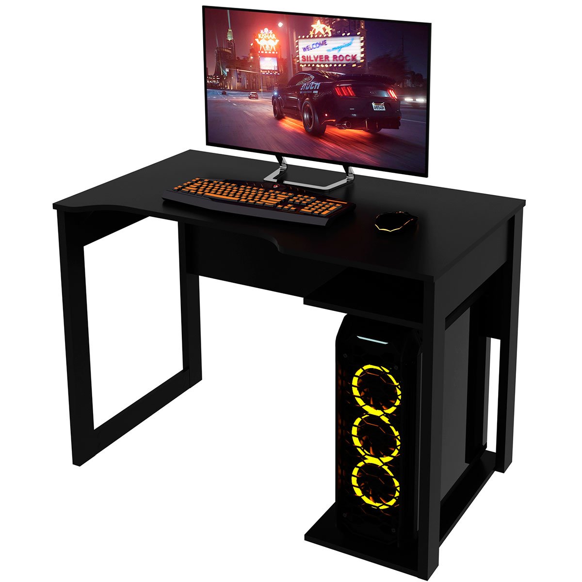 mesa gamer 105cm com 1 prateleira e porta cpu me4161 preto