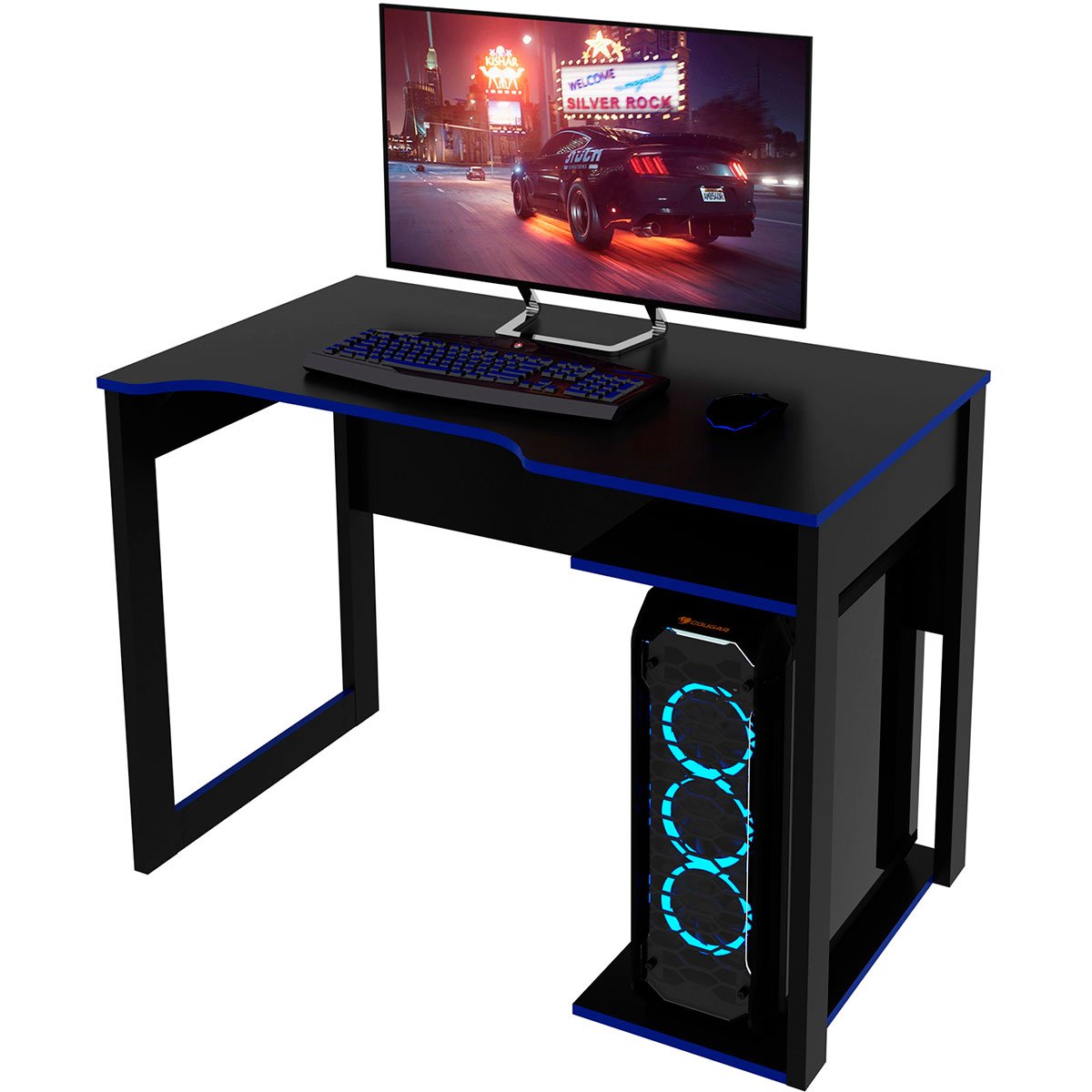 mesa gamer 105cm com 1 prateleira e porta cpu me4161 preto azul