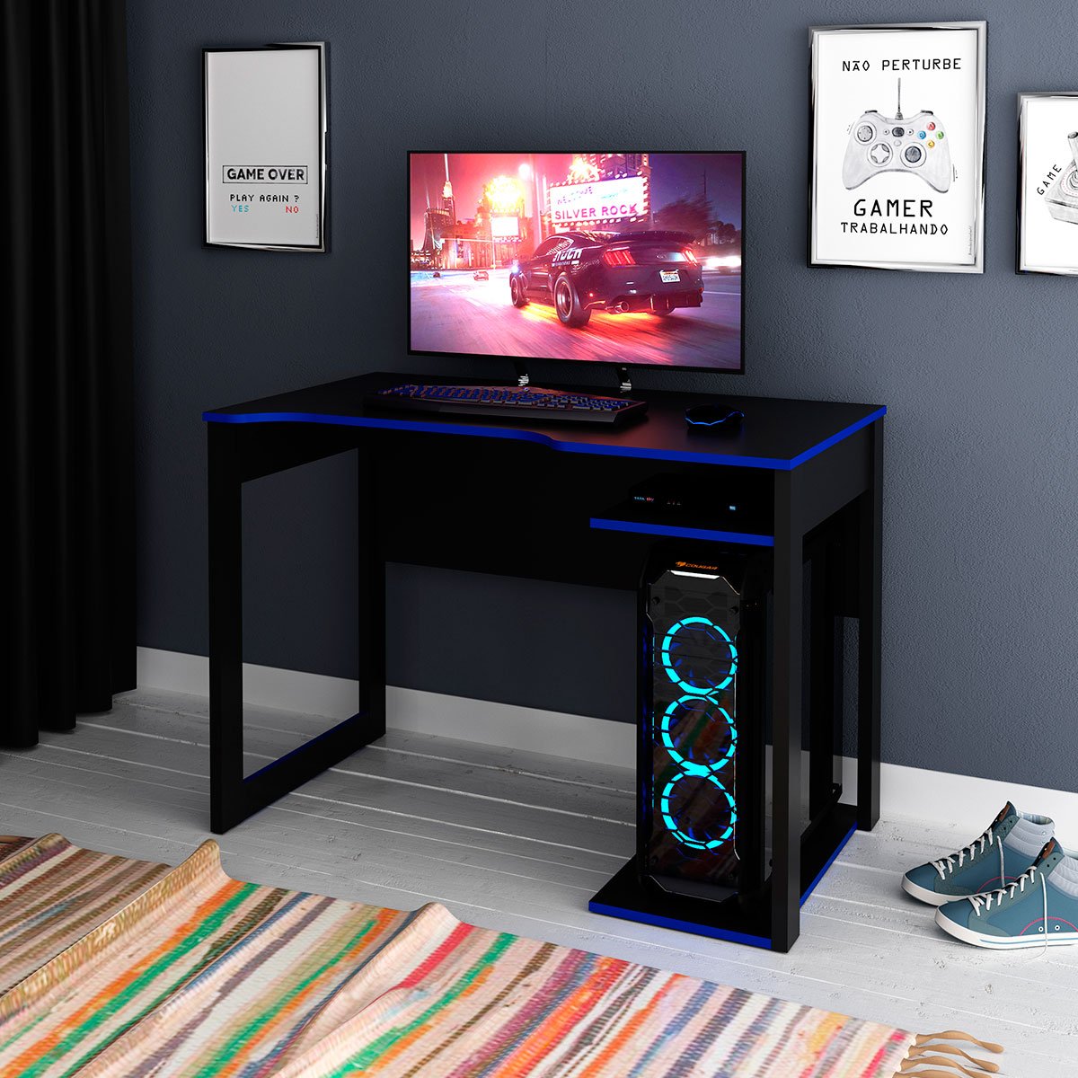 mesa gamer 105cm com 1 prateleira e porta cpu me4161 preto azul4