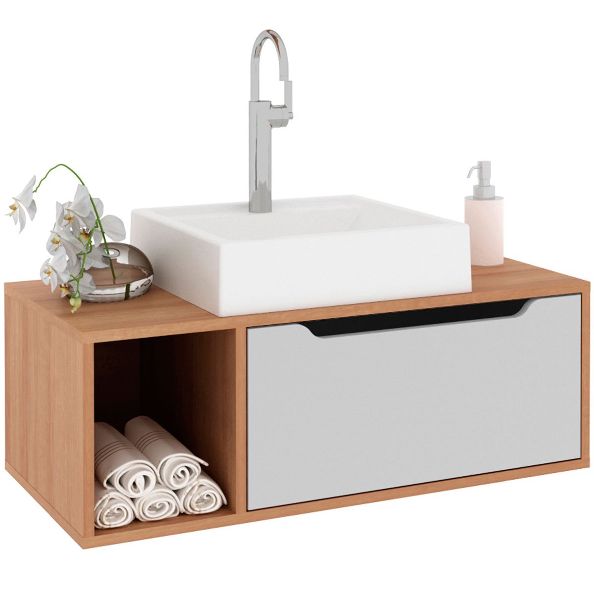 01 gabinete de banheiro 80 cm com cuba 1 porta e nicho