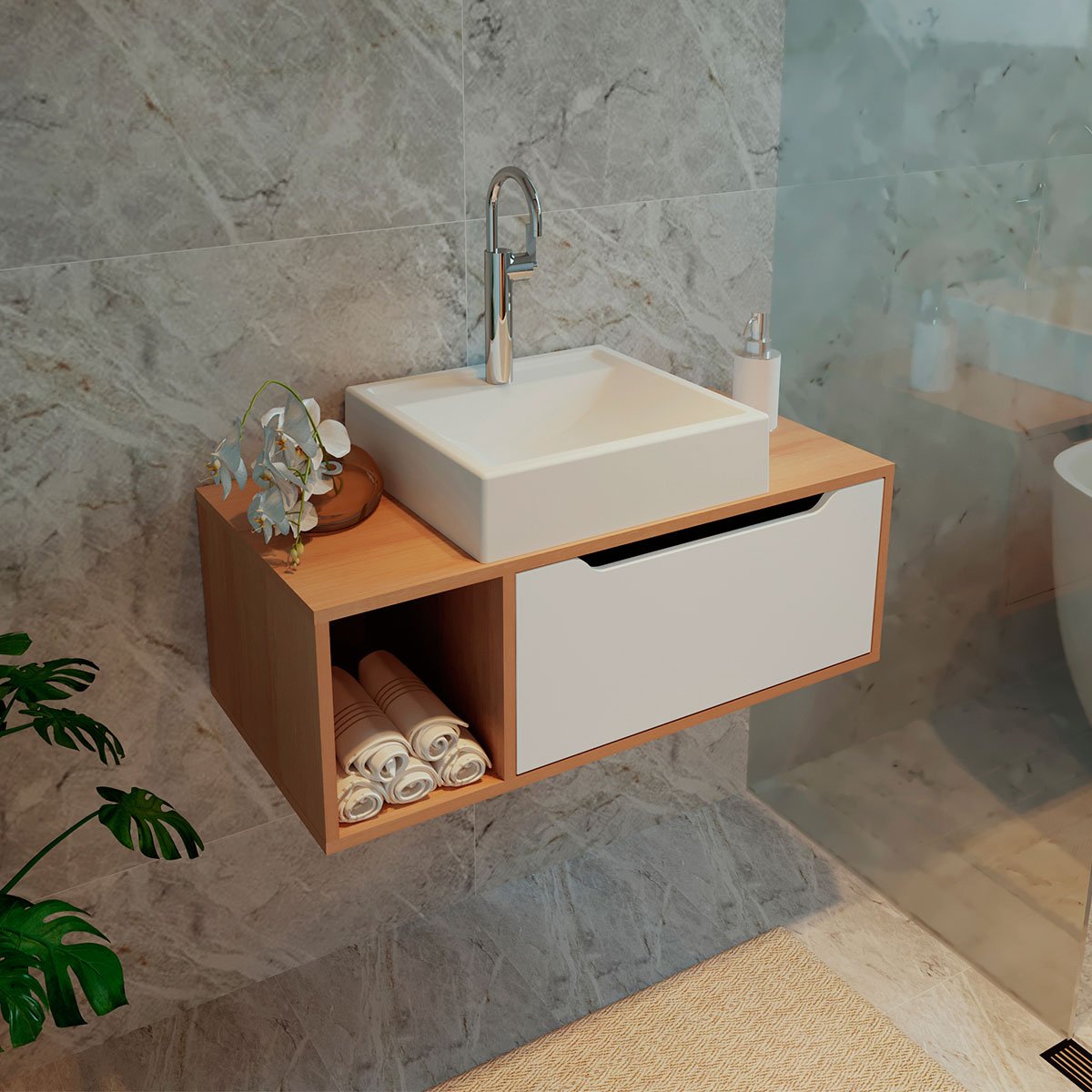 02 gabinete de banheiro 80 cm com cuba 1 porta e nicho