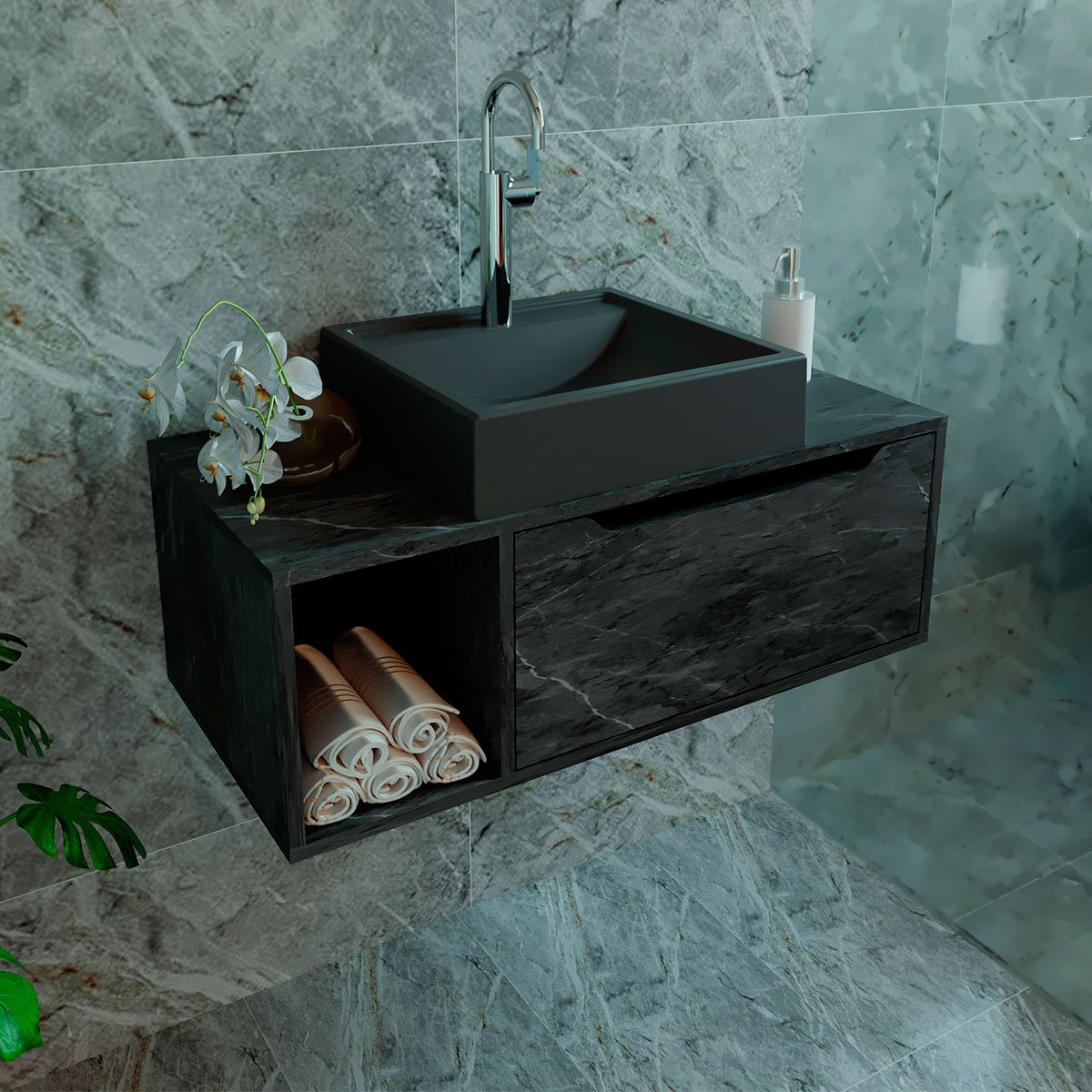 10 gabinete de banheiro 80 cm com cuba 1 porta e nicho