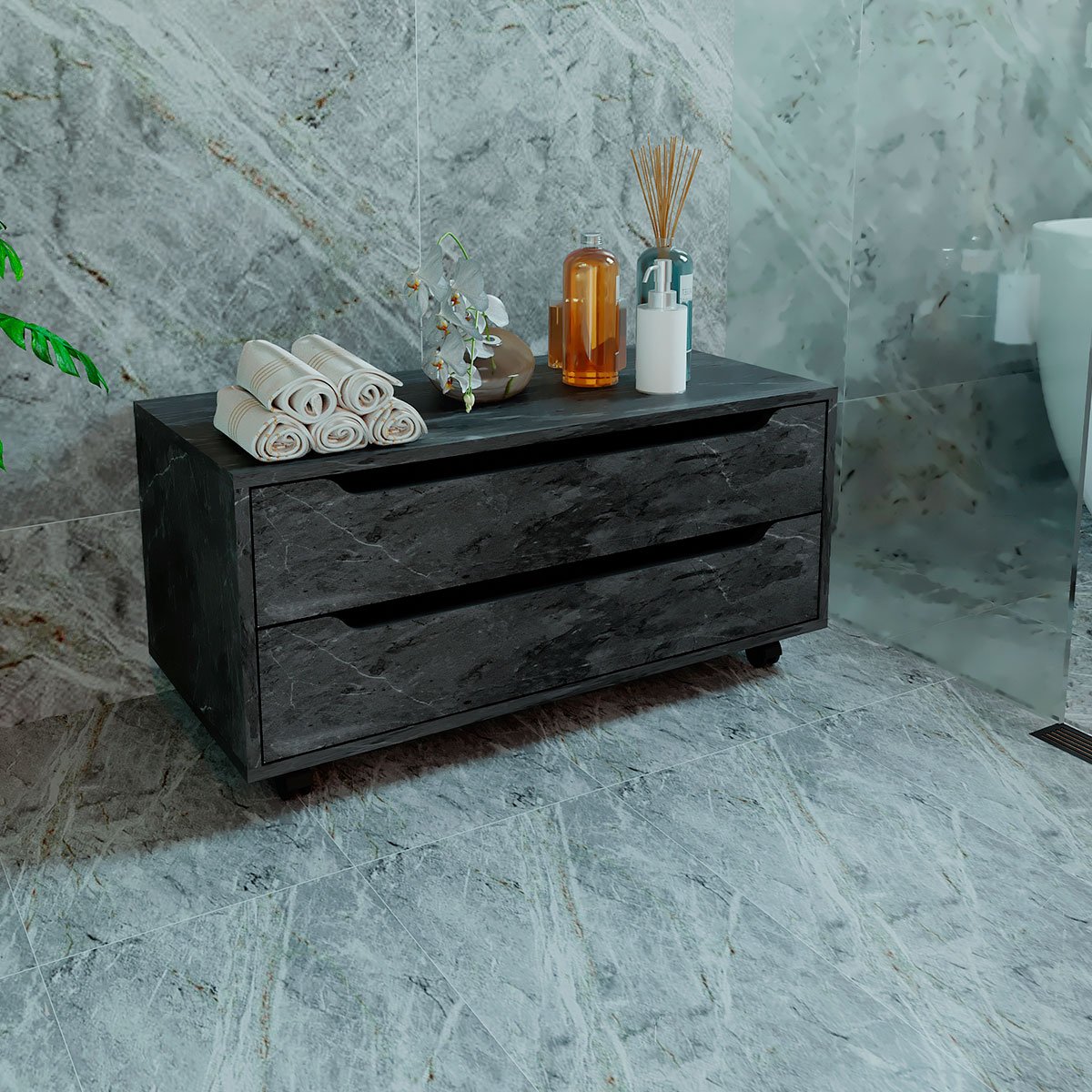 17 balcao para gabinete de banheiro com 2 gavetas e rodizio