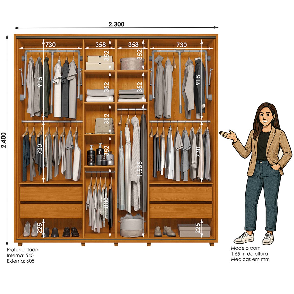 01 guarda roupa casal 2 portas 4 gavetas ripado mdf milan cumaru opala