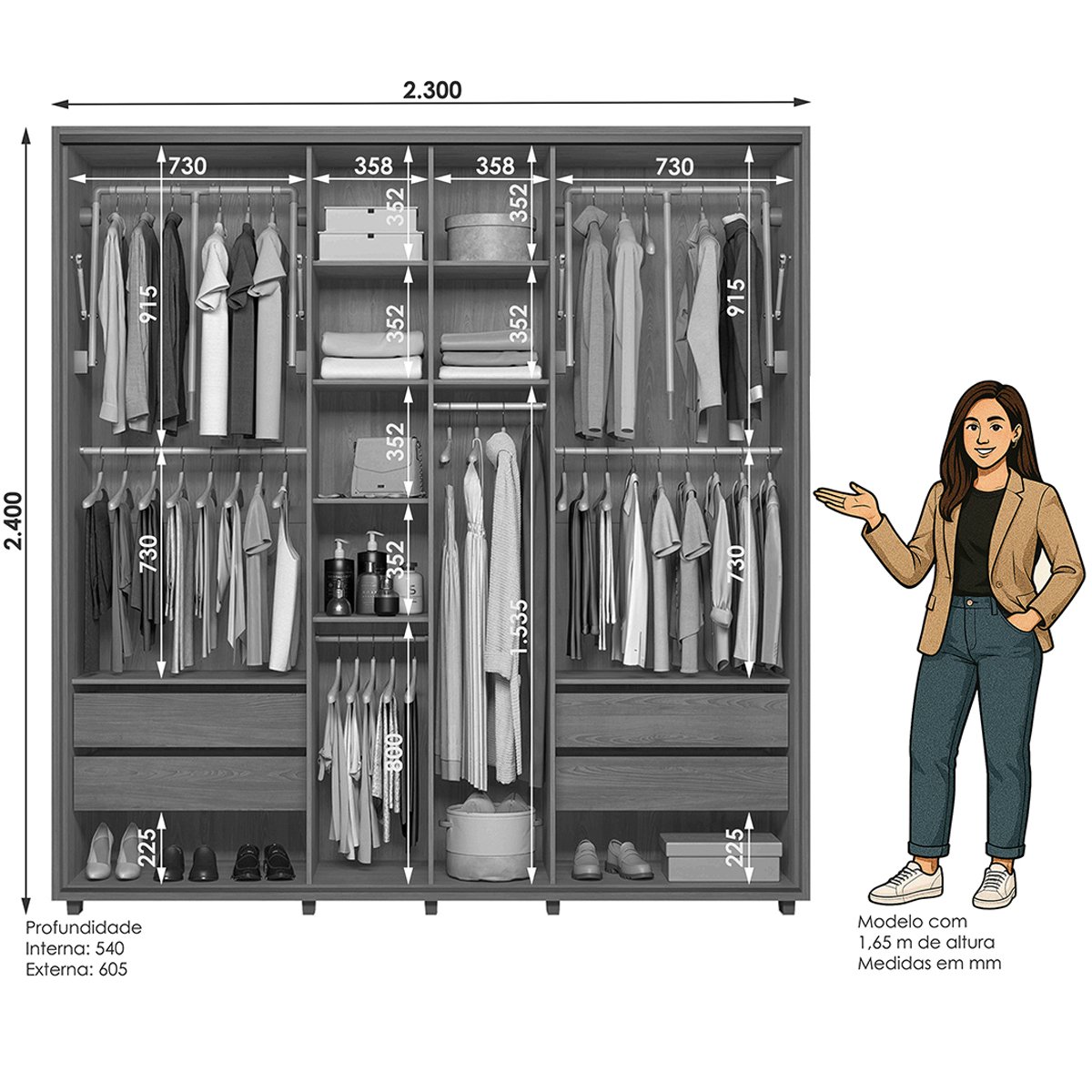 06 guarda roupa casal 2 portas 4 gavetas ripado mdf milan cumaru opala
