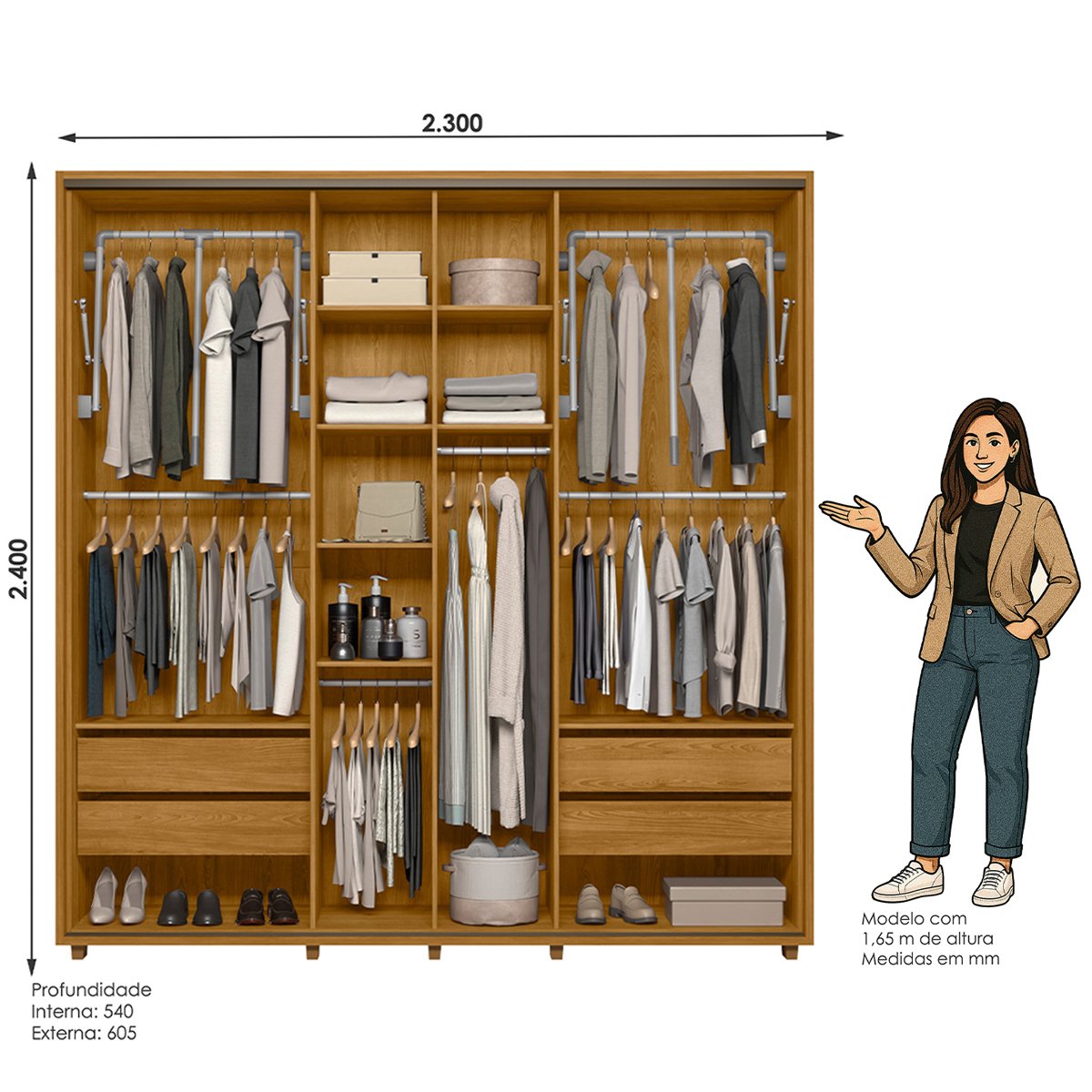 14 guarda roupa casal 2 portas 4 gavetas ripado mdf milan cumaru opala