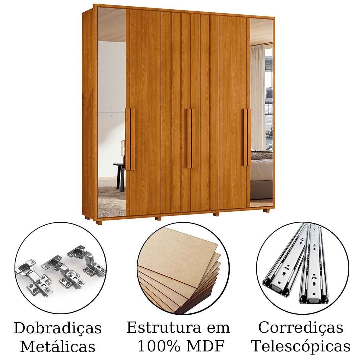 03 guarda roupa 2 portas com espelho ripado 100 mdf palladini