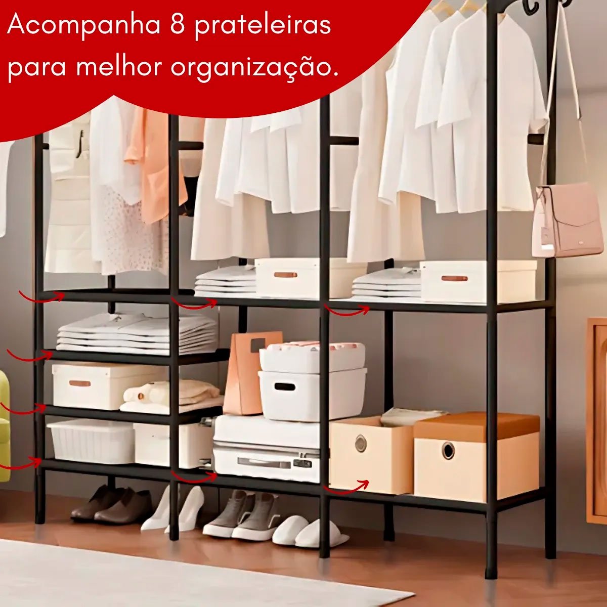 04 guarda roupa arara 3 colunas multifuncional desmontavel