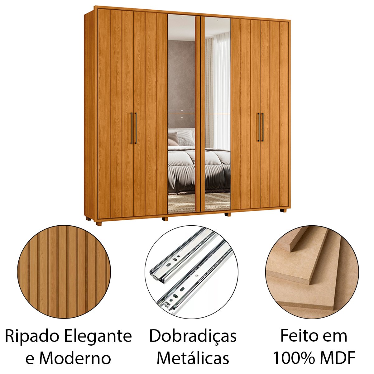 03 guarda roupa 2 portas com espelho 100 mdf ripado morelli