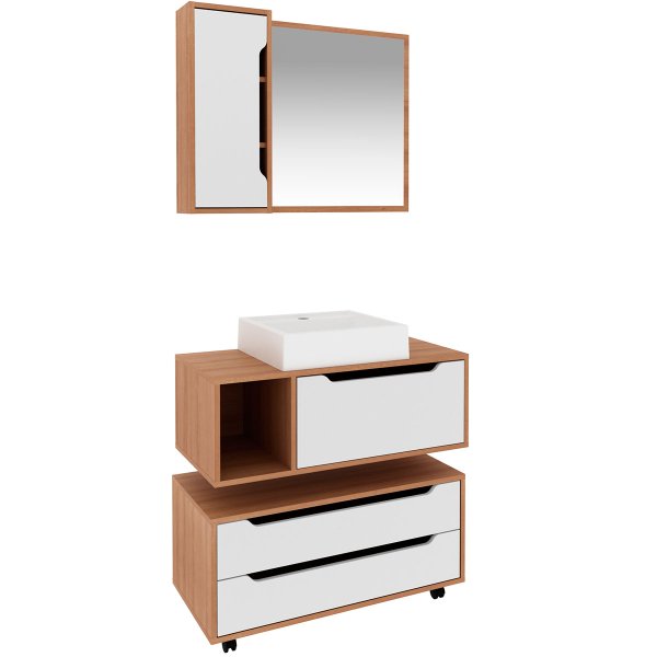 01 kit gabinete balcao e espelheira de banheiro cuba karina marmore lunar