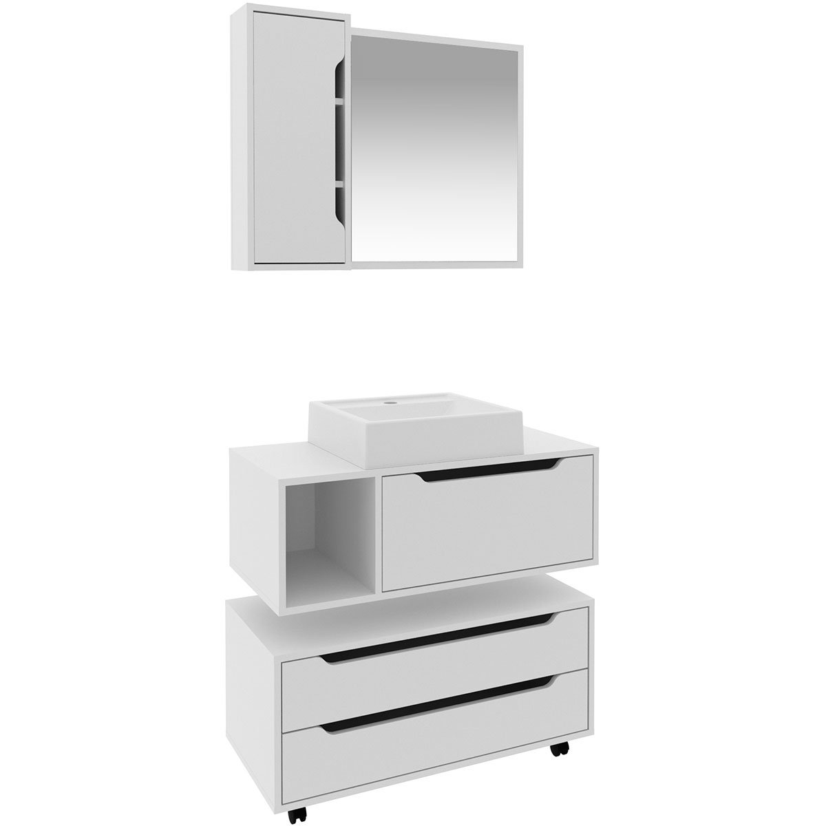 06 kit gabinete balcao e espelheira de banheiro cuba karina marmore lunar