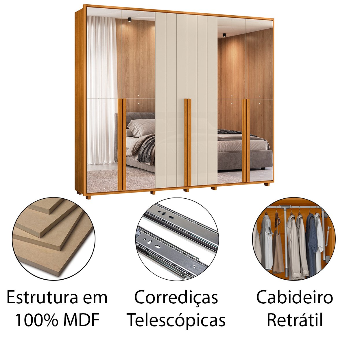 08 guarda roupa 4 portas com espelho 100 mdf 278 cm venus