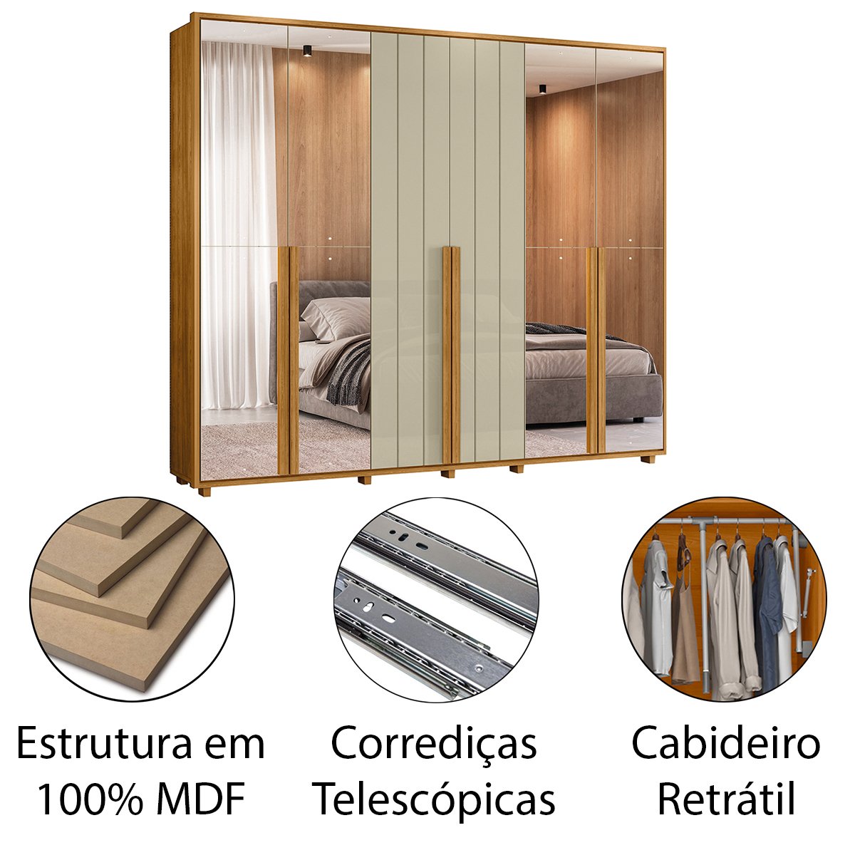 11 guarda roupa 4 portas com espelho 100 mdf 278 cm venus