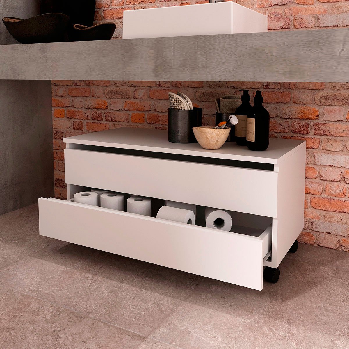 10 balcao para gabinete de banheiro 2 gavetas com rodizios