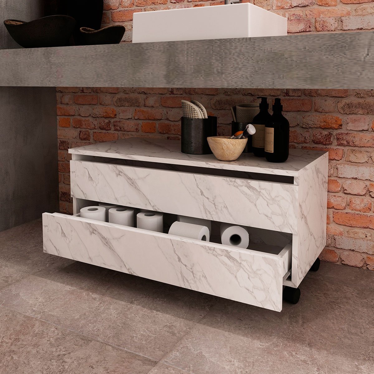 16 balcao para gabinete de banheiro 2 gavetas com rodizios