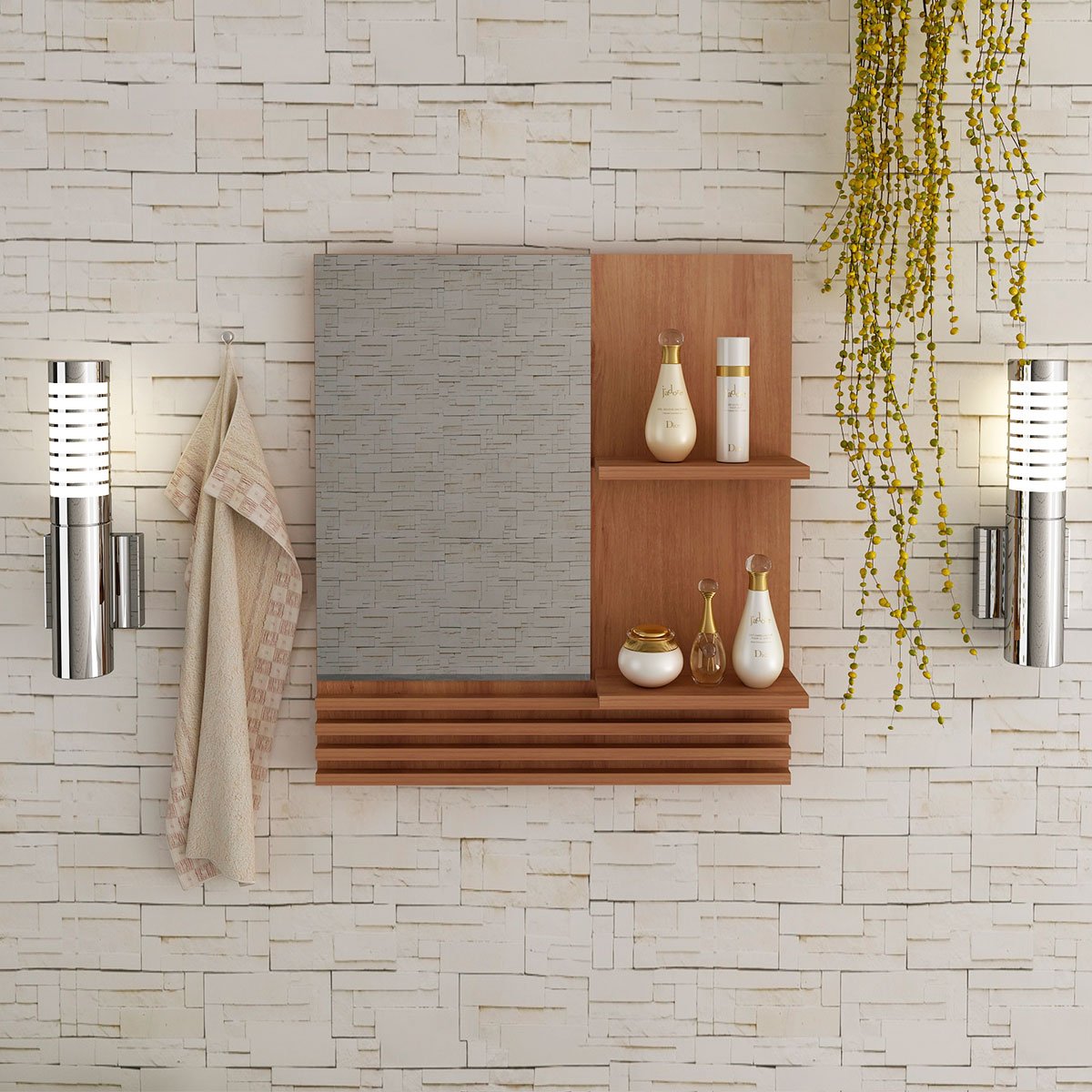 02 espelheira para banheiro 60 cm com 2 prateleiras samia amendoa marmore lunar