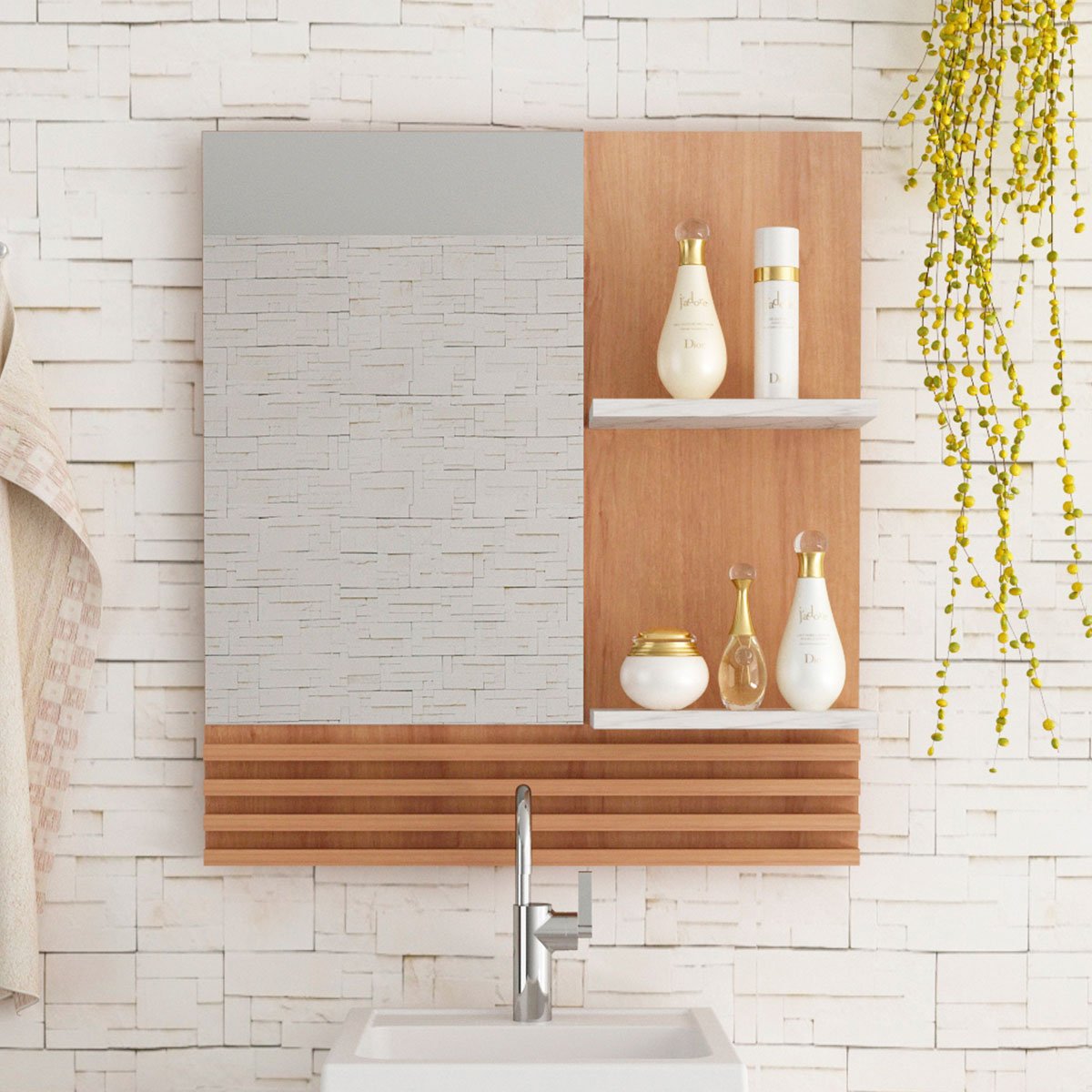 07 espelheira para banheiro 60 cm com 2 prateleiras samia amendoa marmore lunar