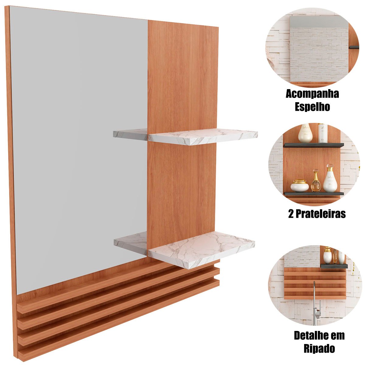 08 espelheira para banheiro 60 cm com 2 prateleiras samia amendoa marmore lunar