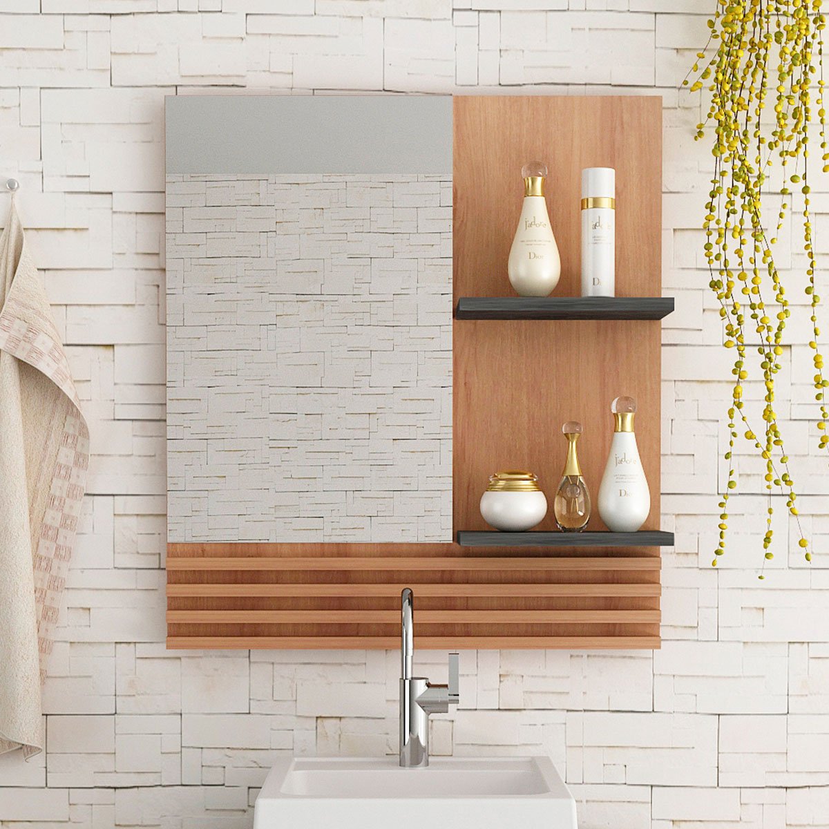 10 espelheira para banheiro 60 cm com 2 prateleiras samia amendoa marmore lunar