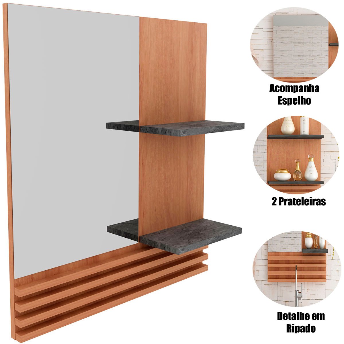 11 espelheira para banheiro 60 cm com 2 prateleiras samia amendoa marmore lunar