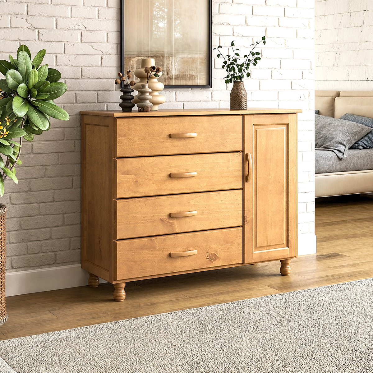 06 comoda 4 gavetas 1 porta 100 madeira macica ariel