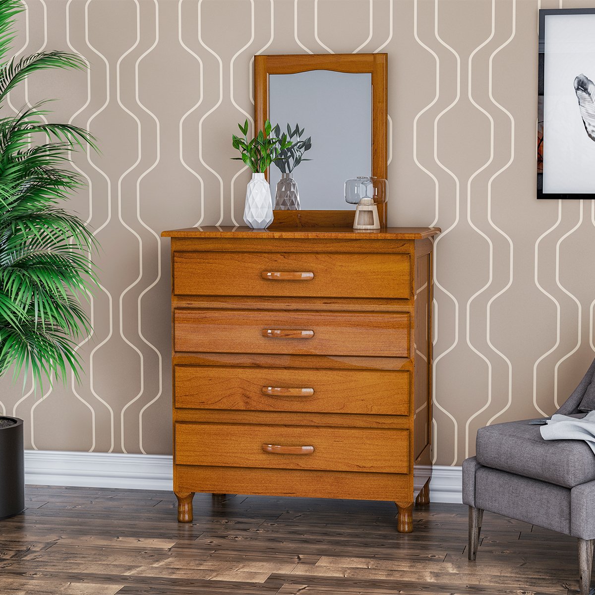 02 comoda 4 gavetas com 1 espelho 100 madeira macica dana