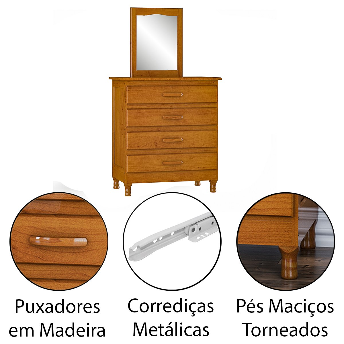 04 comoda 4 gavetas com 1 espelho 100 madeira macica dana