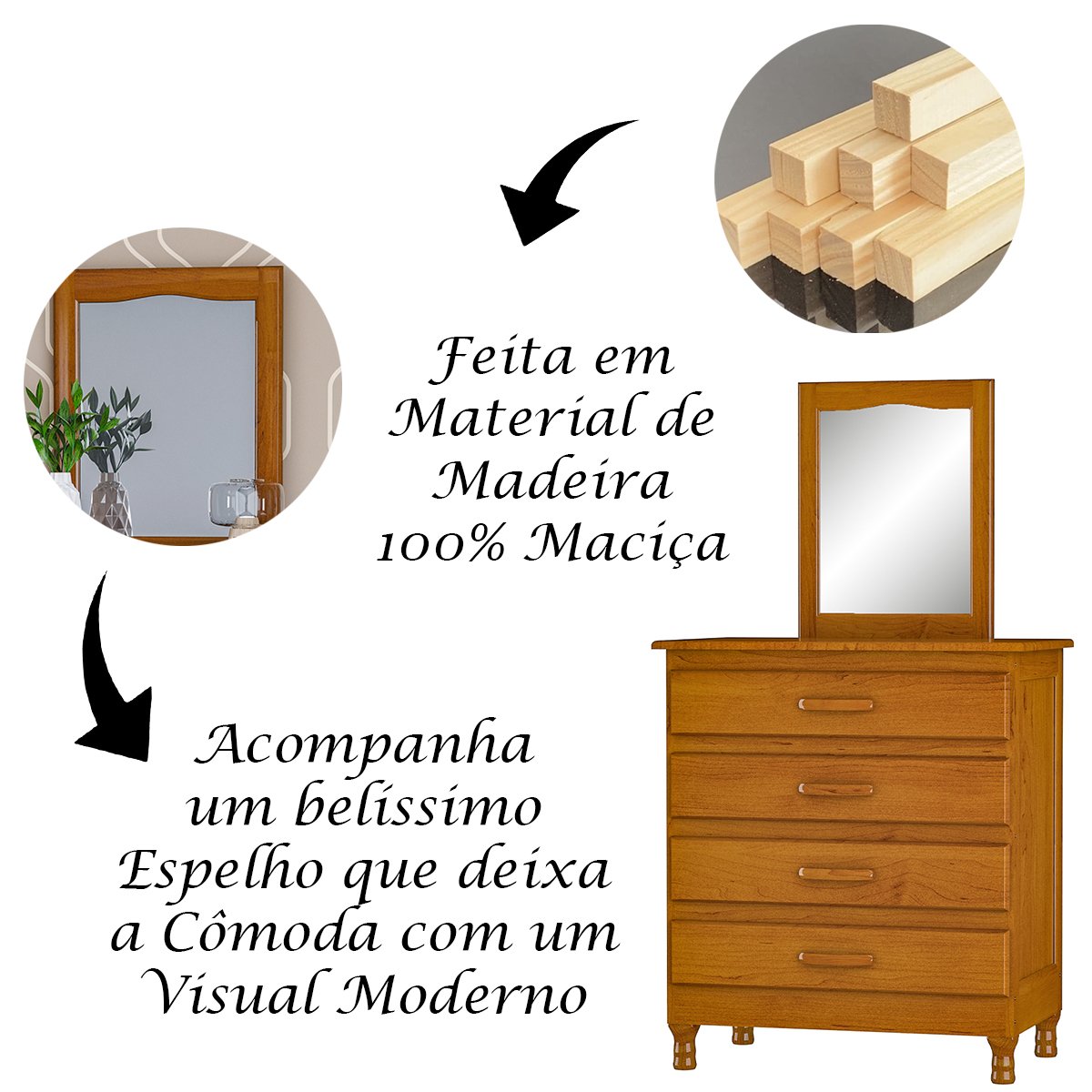 05 comoda 4 gavetas com 1 espelho 100 madeira macica dana