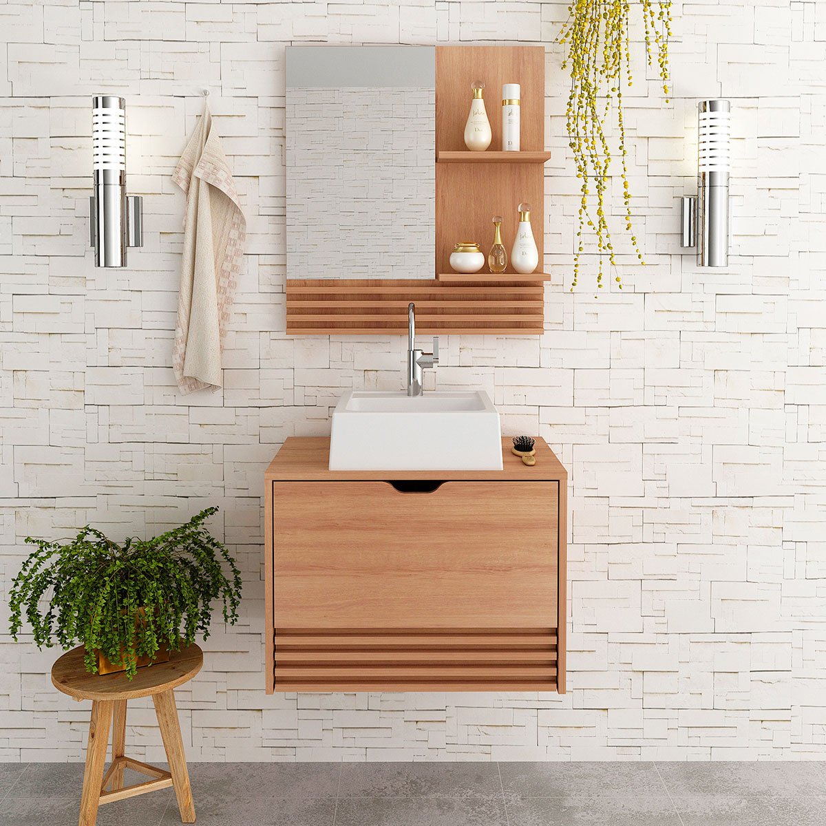 02 kit gabinete e espelheira de banheiro 60 cm com cuba samia