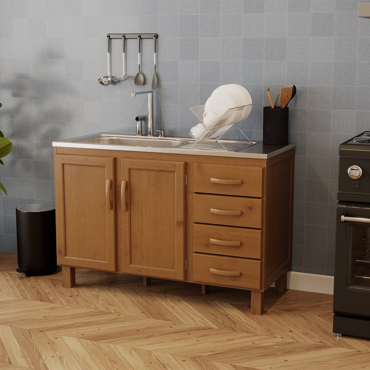 04 balcao de pia para cozinha 120 cm 2 portas 4 gavetas frida