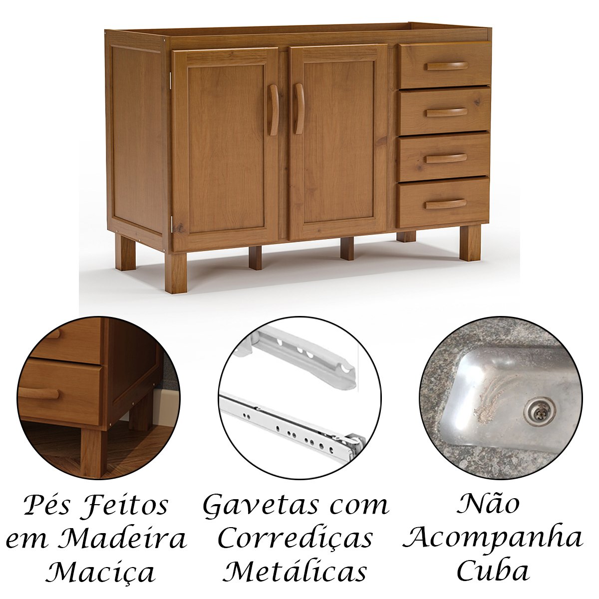 05 balcao de pia para cozinha 120 cm 2 portas 4 gavetas frida