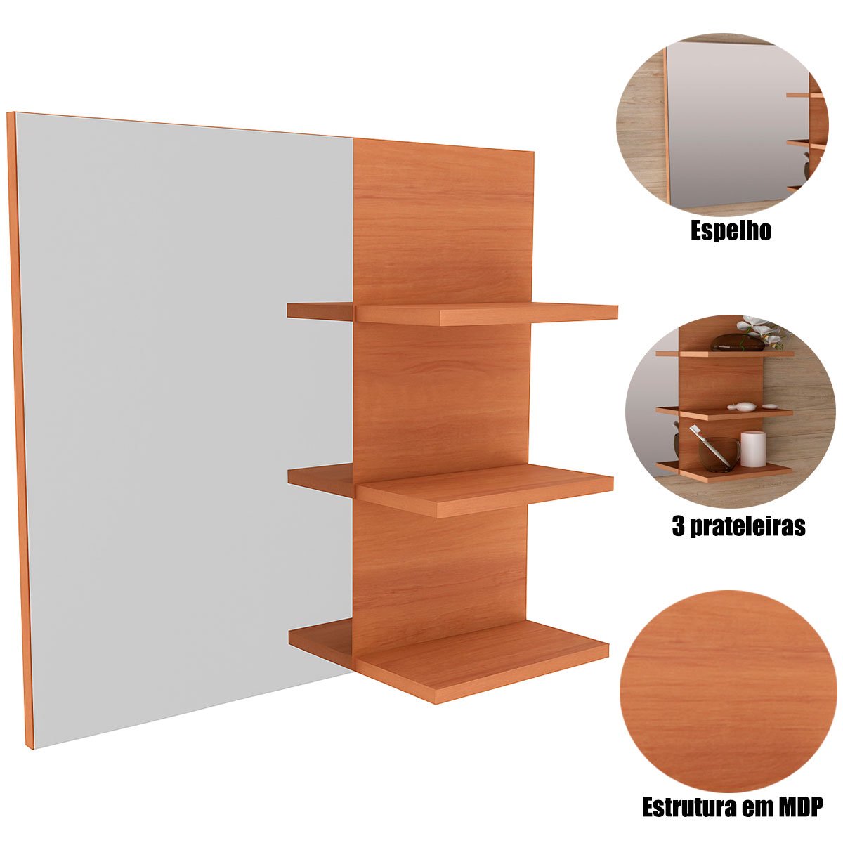 06 espelheira para banheiro 60 cm 3 prateleiras romana