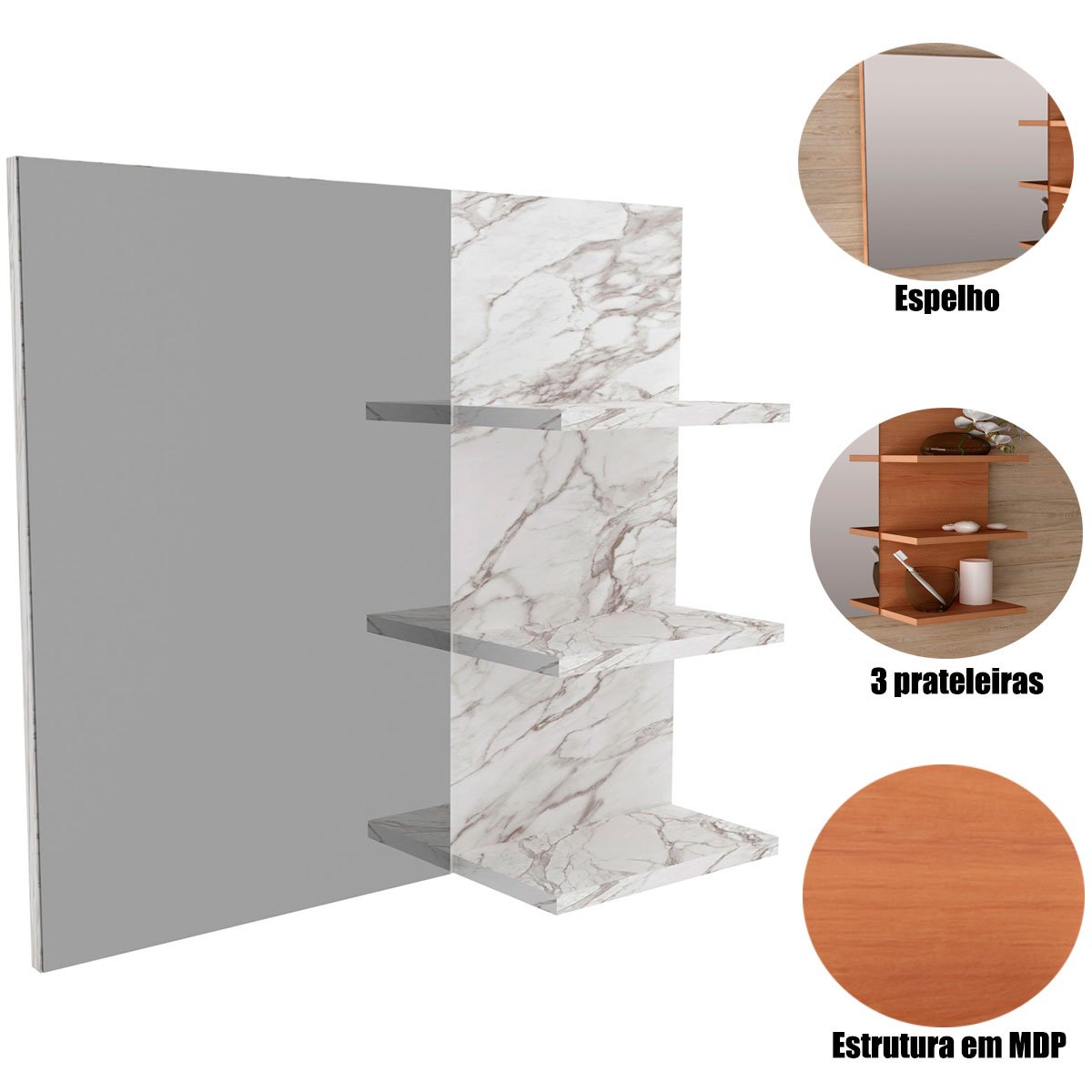 14 espelheira para banheiro 60 cm 3 prateleiras romana