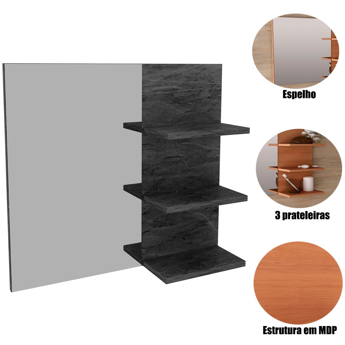 18 espelheira para banheiro 60 cm 3 prateleiras romana