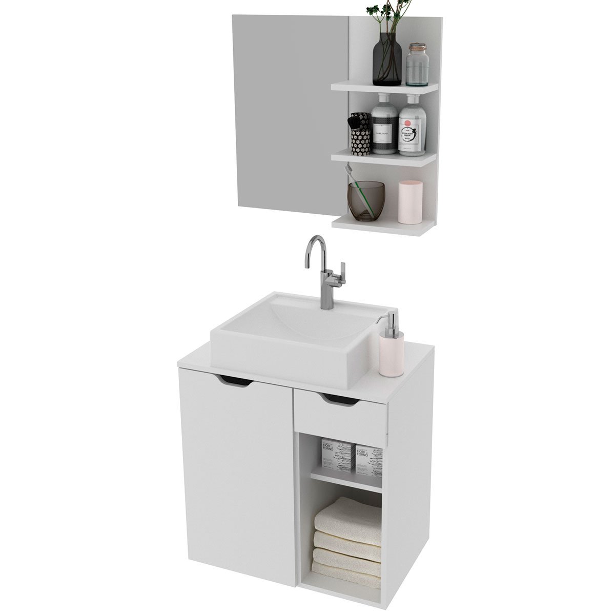 01 kit gabinete e espelheira de banheiro 60 cm cuba romana