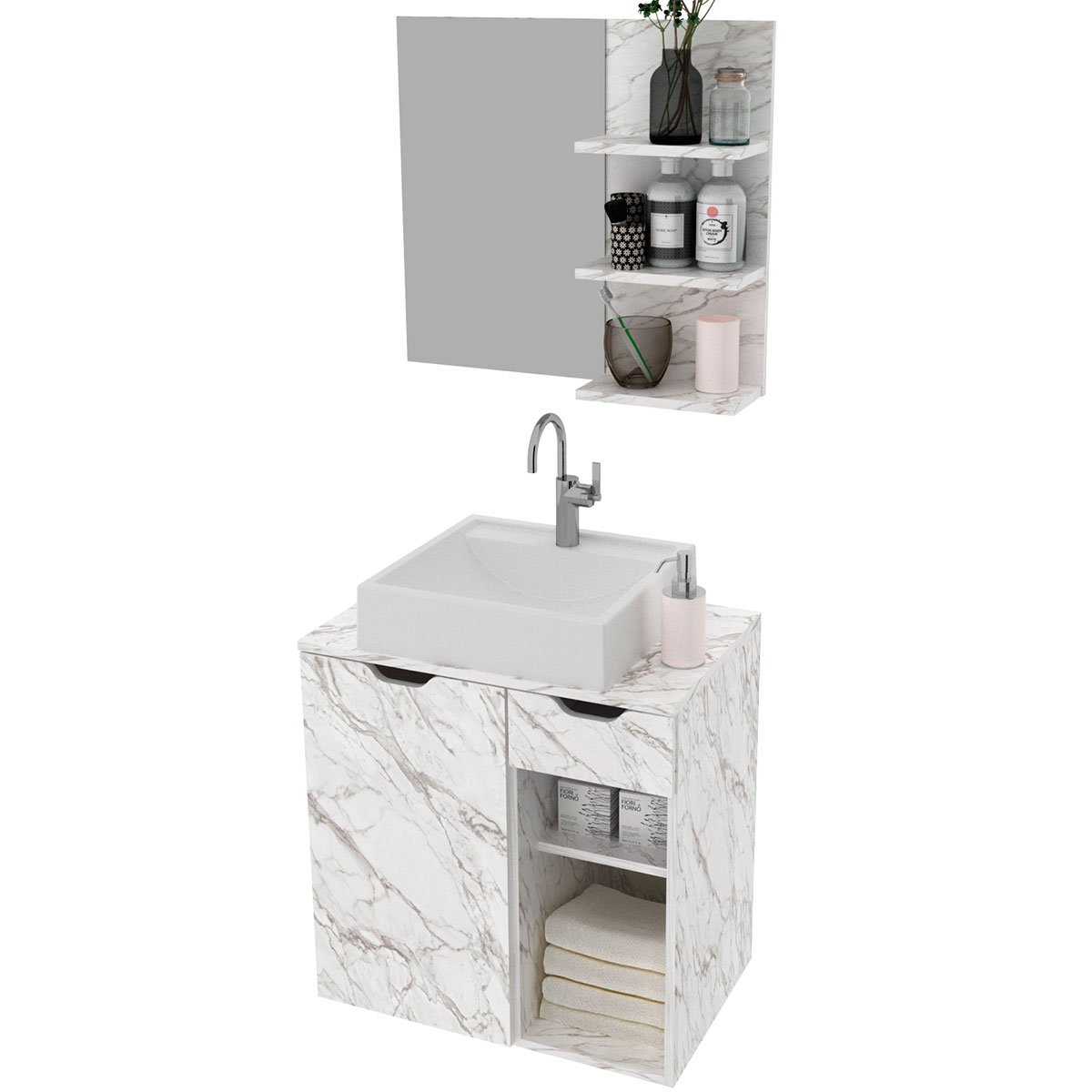 06 kit gabinete e espelheira de banheiro 60 cm cuba romana