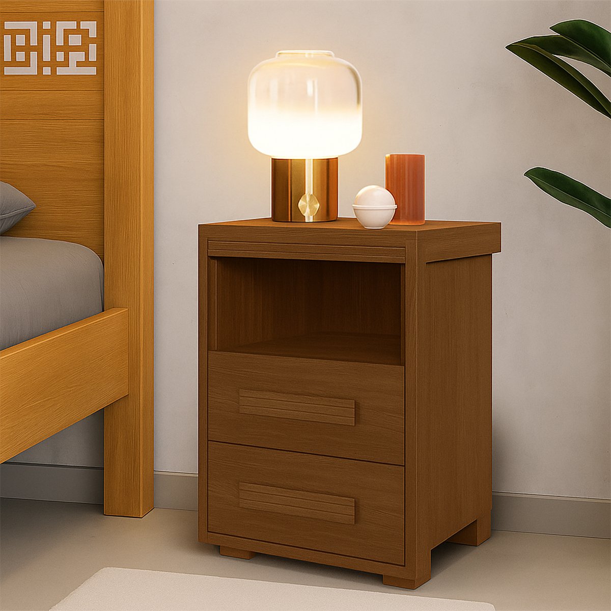 03 mesa de cabeceira pes madeira 2 gavetas toquio 100 mdf