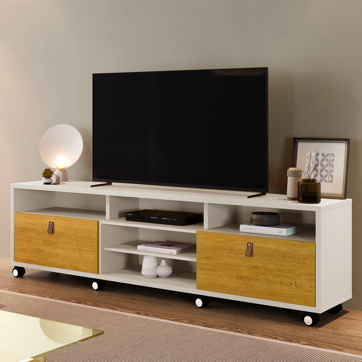06 rack bancada em mdp 2 gavetas para tv de ate 65 1 60 cm galena