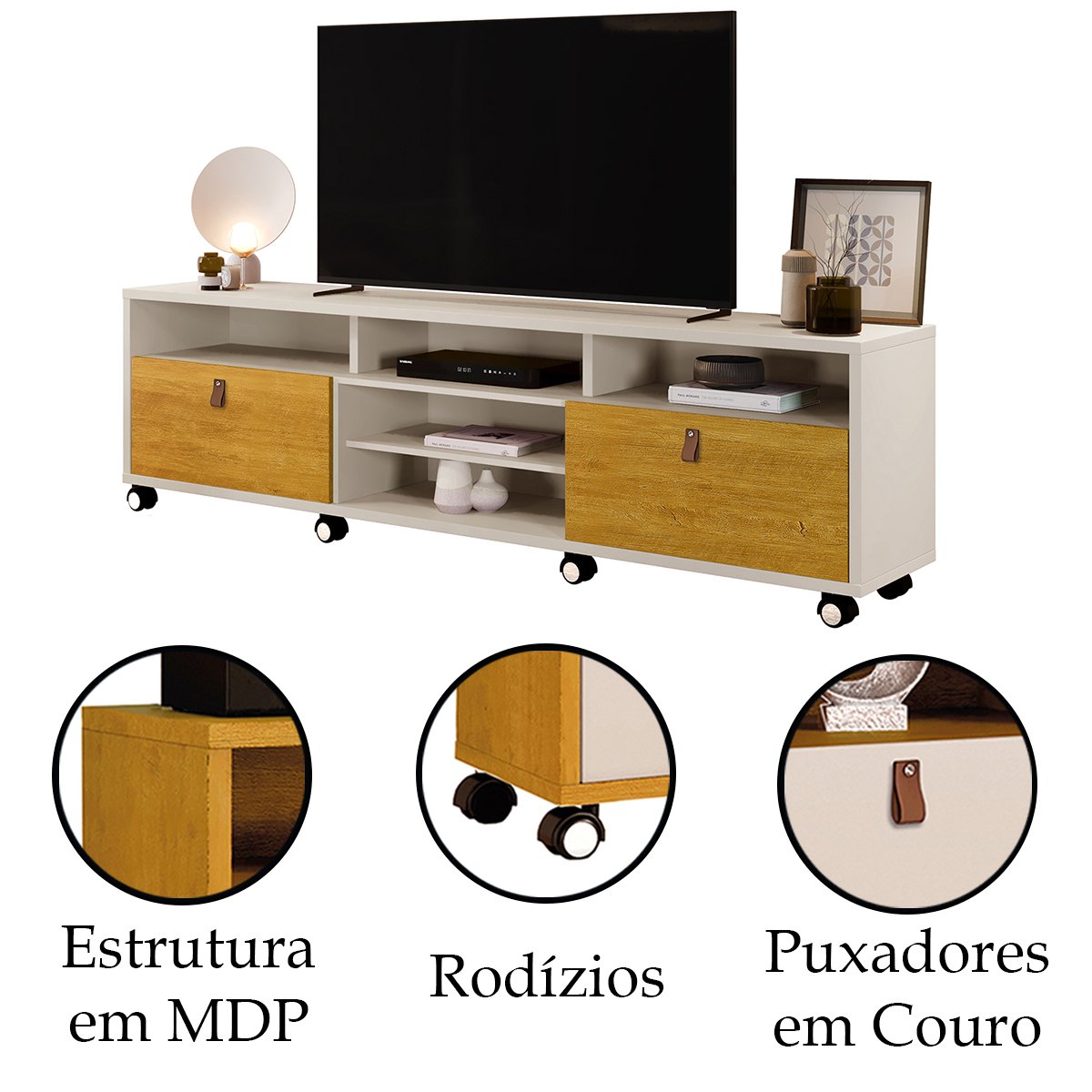 07 rack bancada em mdp 2 gavetas para tv de ate 65 1 60 cm galena