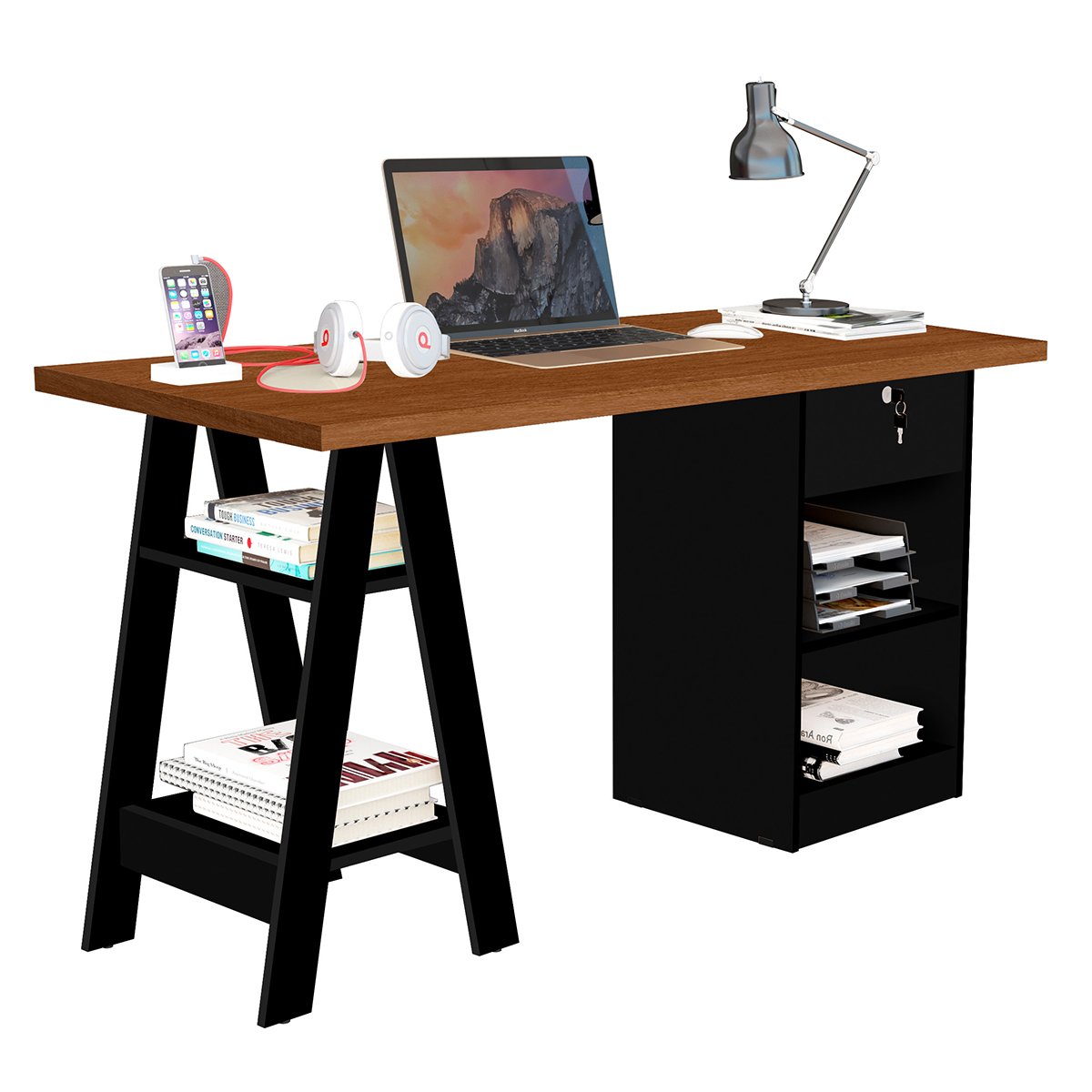 01 mesa escrivaninha em mdp 1 gaveta 4 prateleiras 1 35 cm boreal