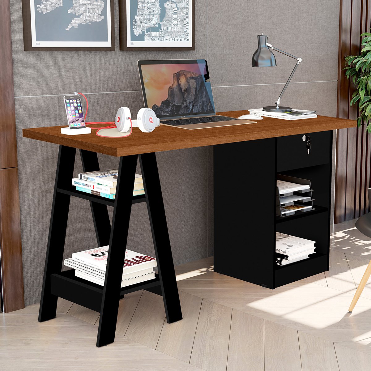 02 mesa escrivaninha em mdp 1 gaveta 4 prateleiras 1 35 cm boreal